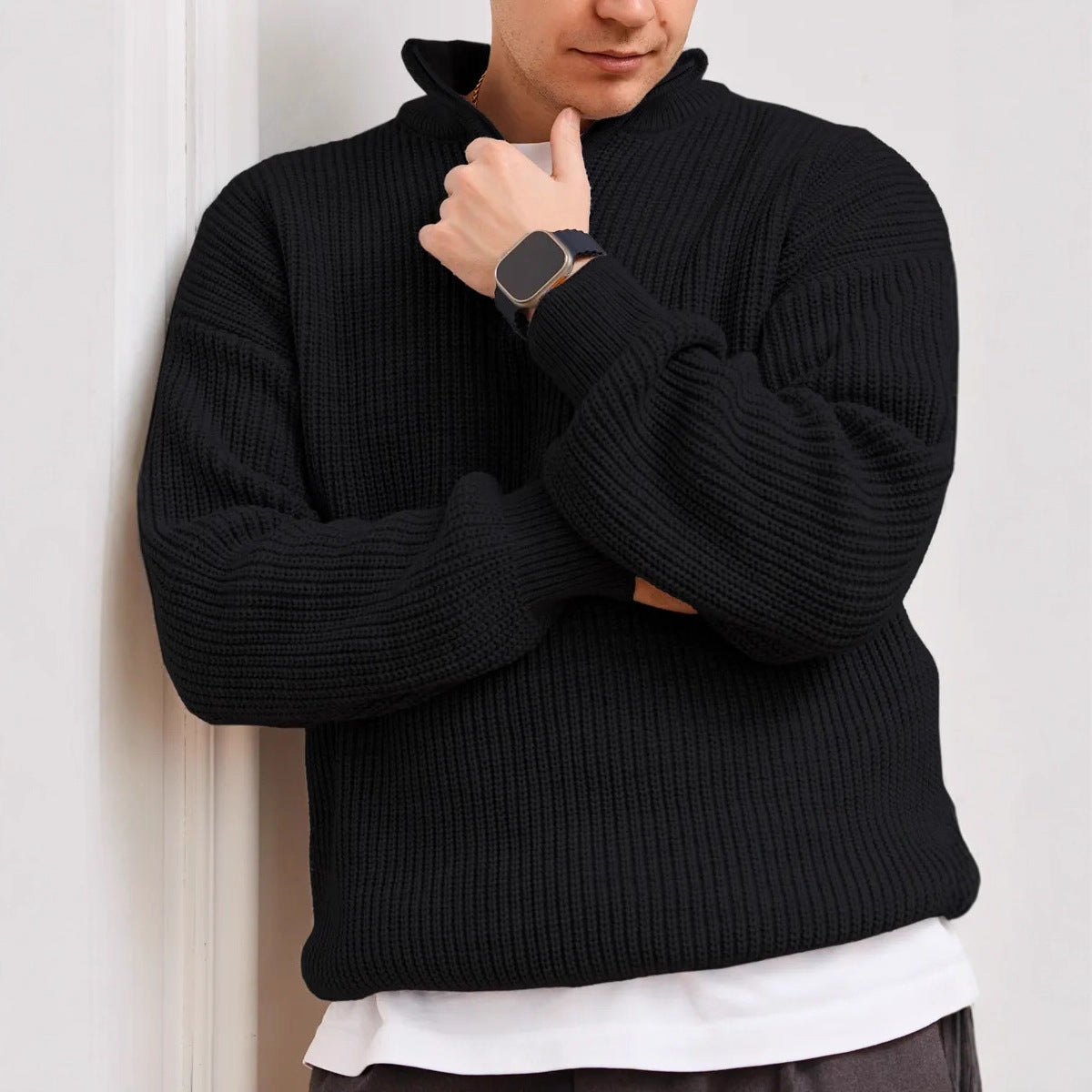 Men's Chunky Knit Quarter-Zip Sweater in Ash Black - front view