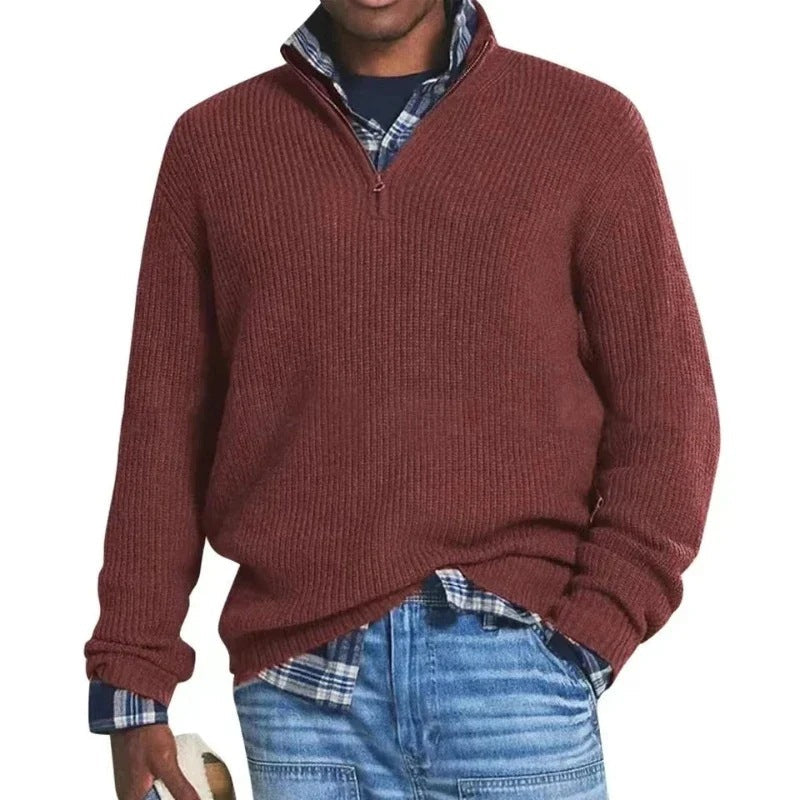 Men's Ribbed Knit Quarter-Zip Pullover in Red - front view