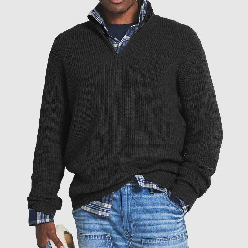 Men's Ribbed Knit Quarter-Zip Pullover in Black - front view