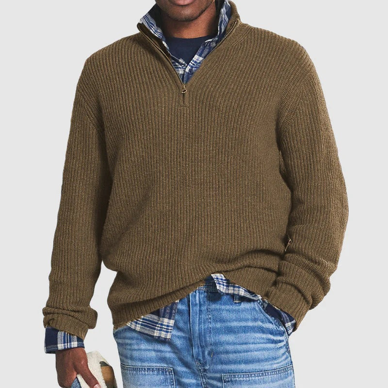 Men's Ribbed Knit Quarter-Zip Pullover in Brown - front view