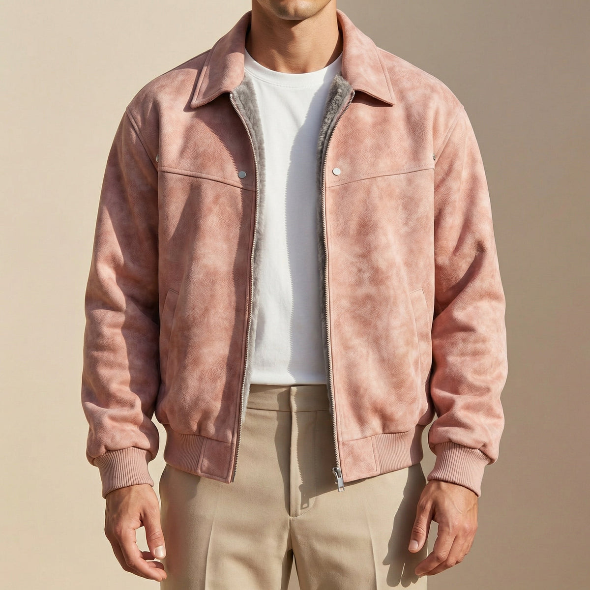 Men's Suede-Look Bomber Jacket in Pink - front view
