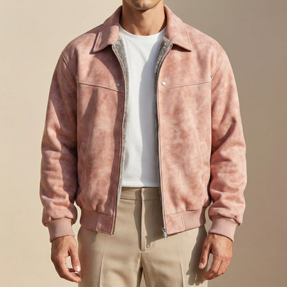 Men's Suede-Look Bomber Jacket in Pink - front view