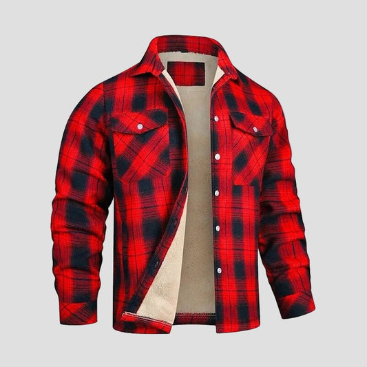 Men's Sherpa-Lined Plaid Shirt Jacket in Maroon - front view
