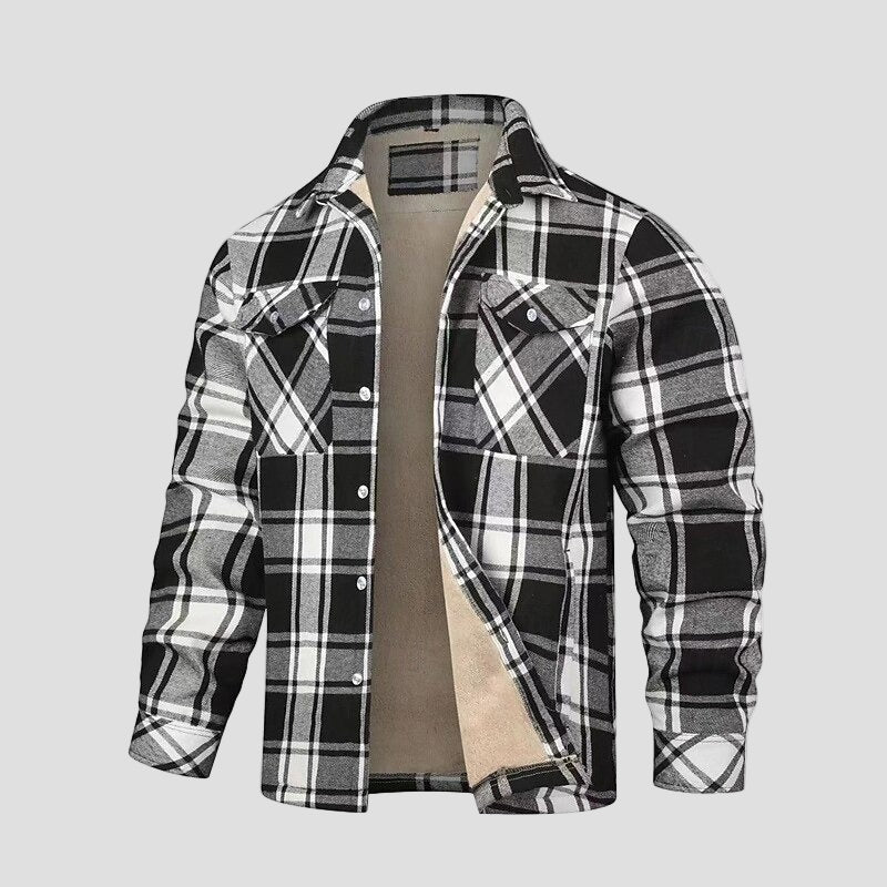 Men's Sherpa-Lined Plaid Shirt Jacket in Black - front view