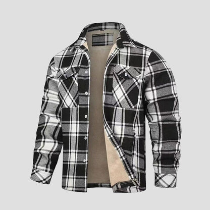 Men's Sherpa-Lined Plaid Shirt Jacket in Black - front view