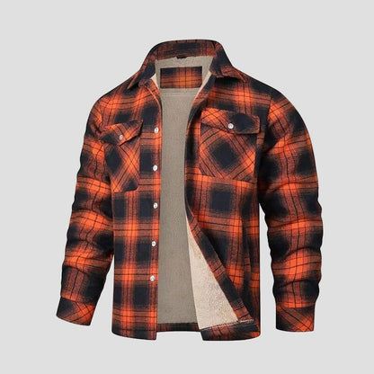 Men's Sherpa-Lined Plaid Shirt Jacket in Orange - front view