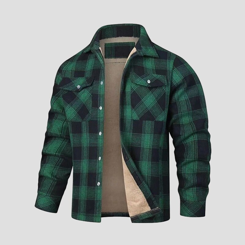 Men's Sherpa-Lined Plaid Shirt Jacket in Green - front view