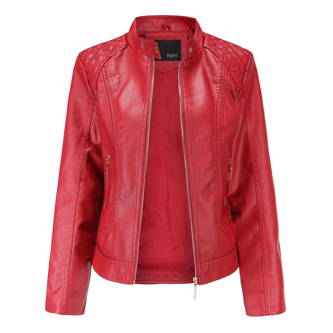 Women's Leather-Look Stand Collar Jacket in Red - front view