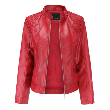 Women's Leather-Look Stand Collar Jacket in Red - front view
