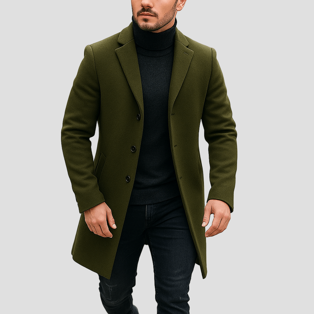 Men's Long Wool-Blend Overcoat with Notch Lapel in Army Green - front view