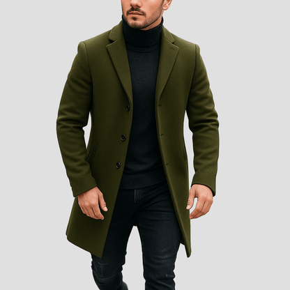 Men's Long Wool-Blend Overcoat with Notch Lapel in Army Green - front view