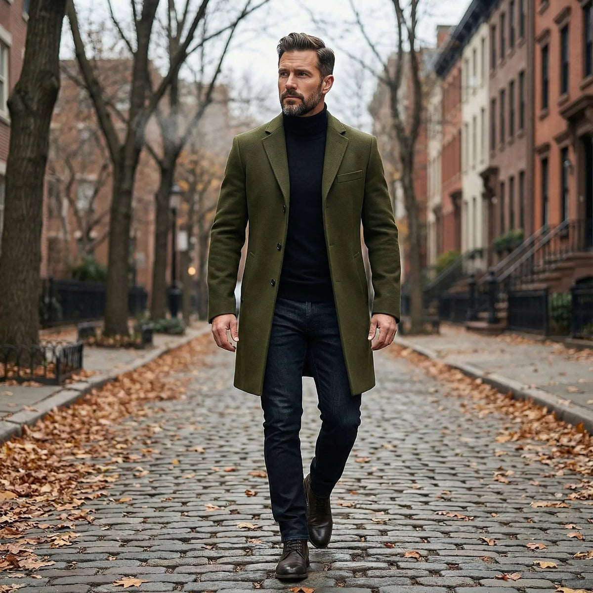 Men's Long Wool-Blend Overcoat with Notch Lapel in Gray - alternate angle showing fit and fabric detail