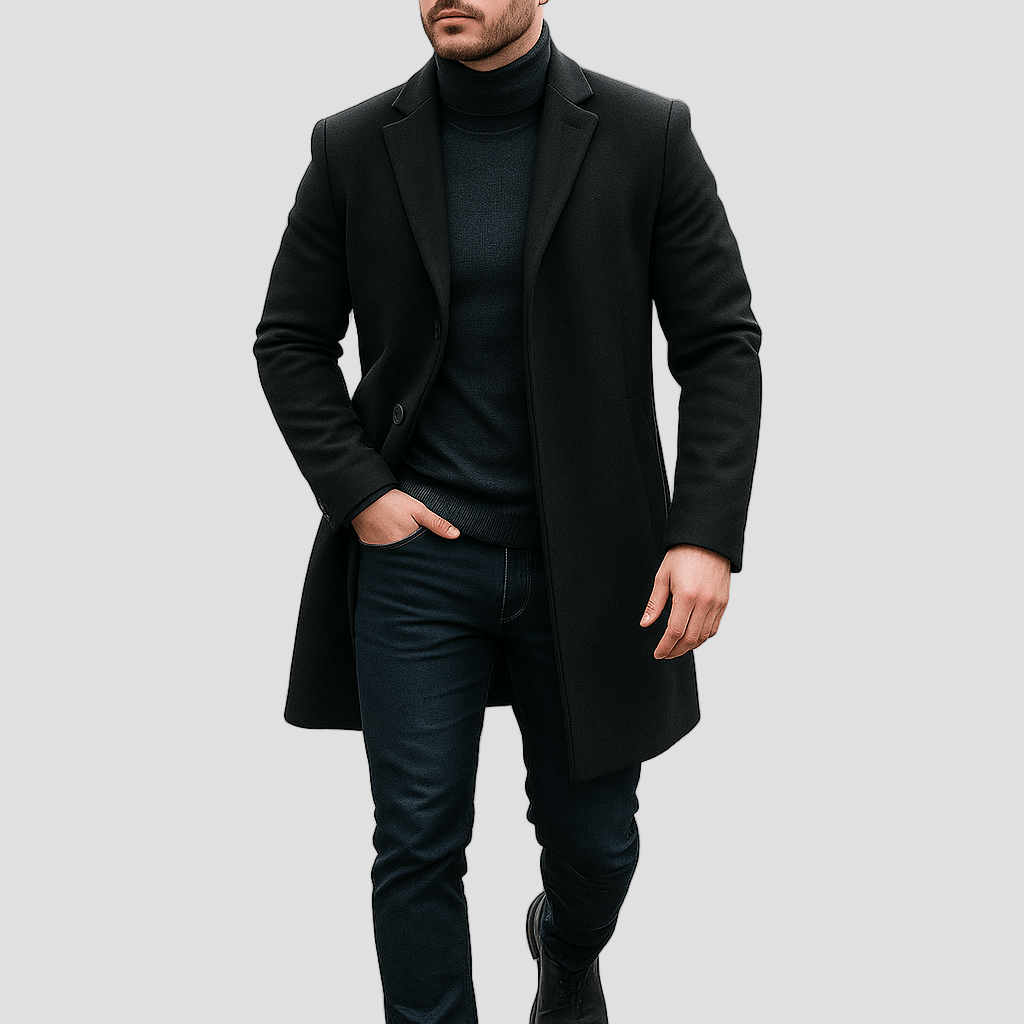 Men's Long Wool-Blend Overcoat with Notch Lapel in Black - front view
