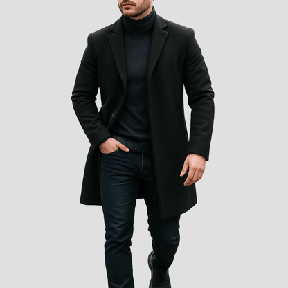 Men's Long Wool-Blend Overcoat with Notch Lapel in Black - front view