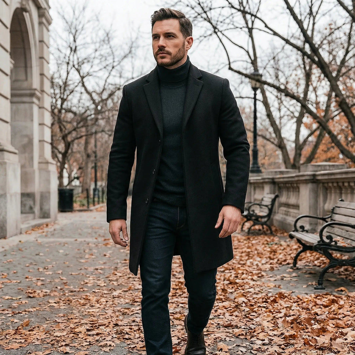 Men's Long Wool-Blend Overcoat with Notch Lapel in Gray - alternate angle showing fit and fabric detail