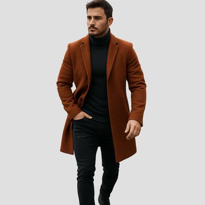 Men's Long Wool-Blend Overcoat with Notch Lapel in Brown - front view