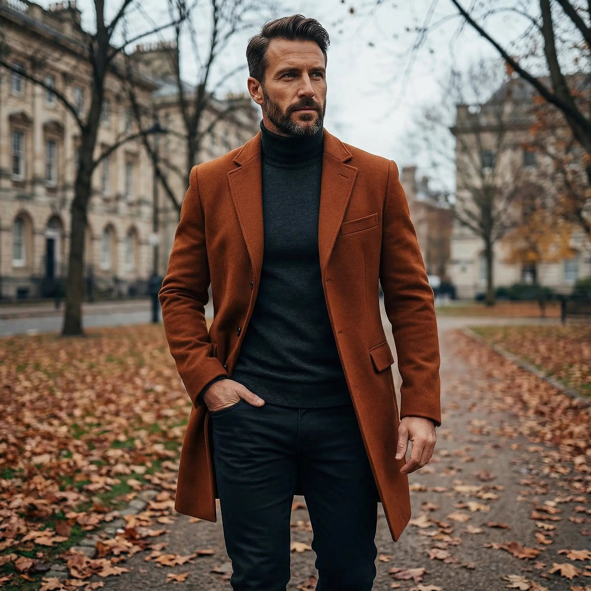 Men's Long Wool-Blend Overcoat with Notch Lapel in Gray - alternate angle showing fit and fabric detail