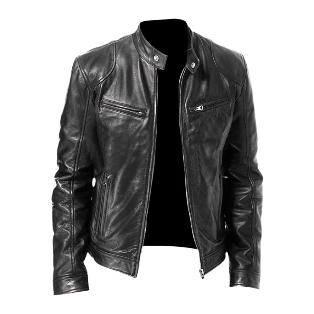 Men's Faux Leather Cafe Racer Jacket with Stand Collar in Black - front view