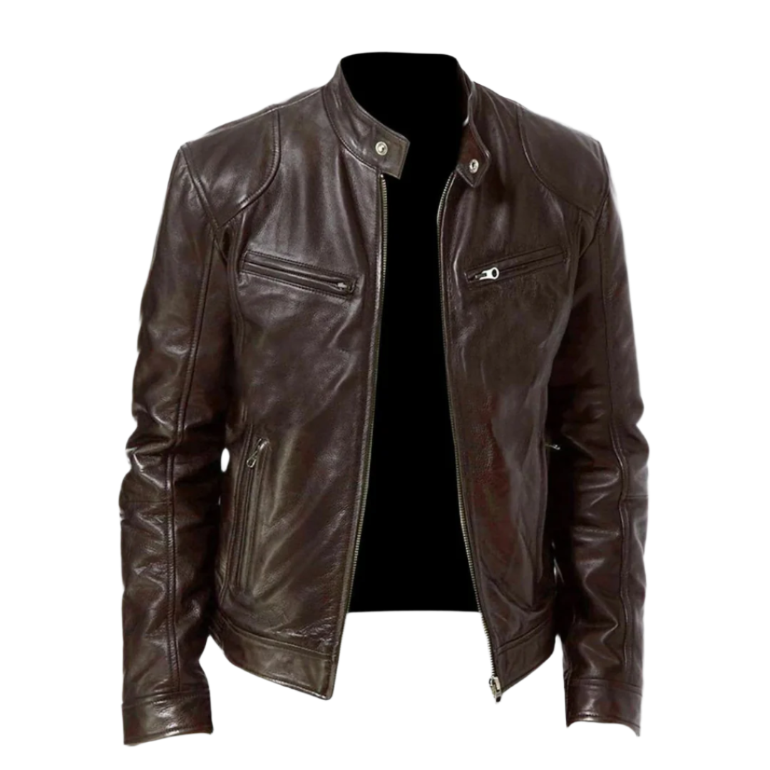 Men's Faux Leather Cafe Racer Jacket with Stand Collar in Brown - front view