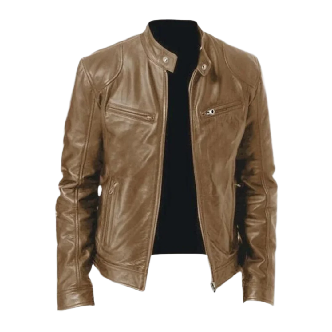 Men's Faux Leather Cafe Racer Jacket with Stand Collar in Khaki - front view