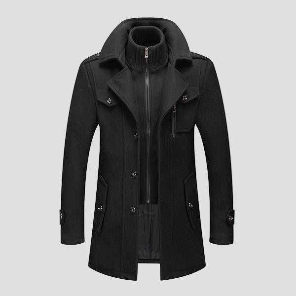 Men's Double Collar Pea Coat with Zip-Front Insert in Black - front view