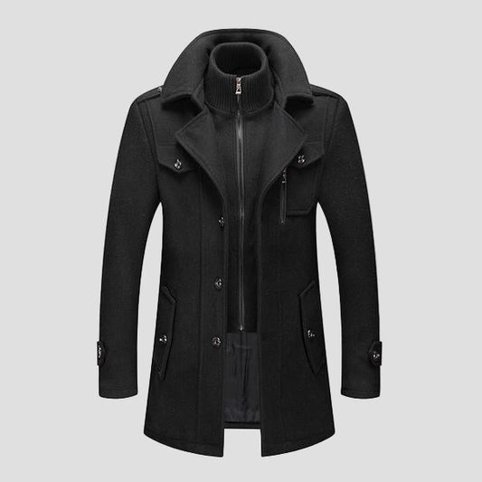 Men's Double Collar Pea Coat with Zip-Front Insert in Black - front view