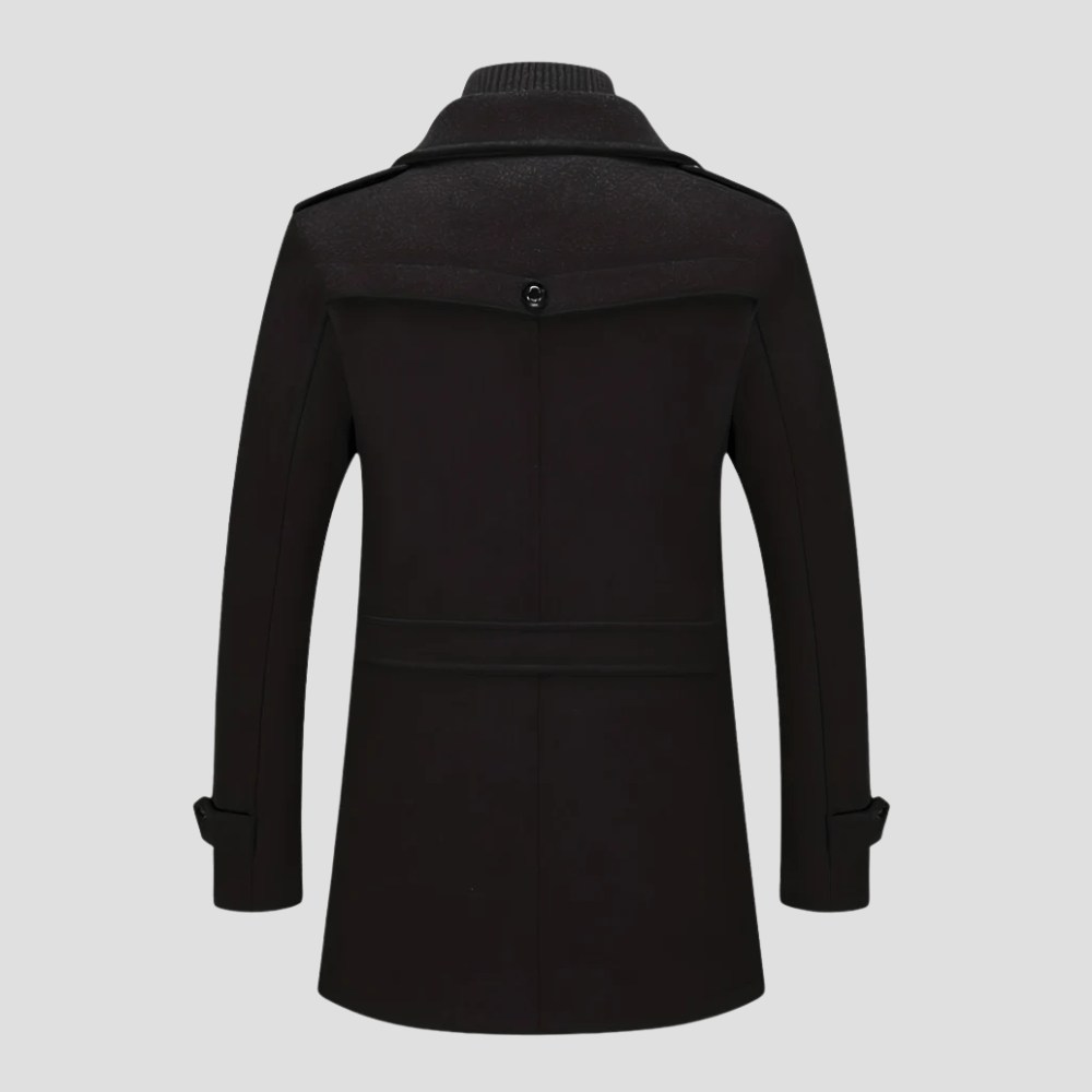 Men's Double Collar Pea Coat with Zip-Front Insert in Black - alternate angle showing fit and fabric detail