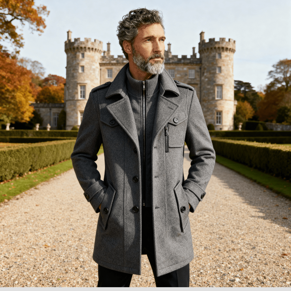 Men's Double Collar Pea Coat with Zip-Front Insert in Gray - alternate angle showing fit and fabric detail