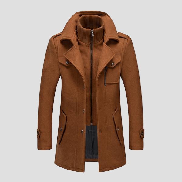 Men's Double Collar Pea Coat with Zip-Front Insert in Brown - front view