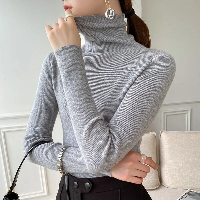 Women's Fitted Turtleneck Sweater in Gray - front view