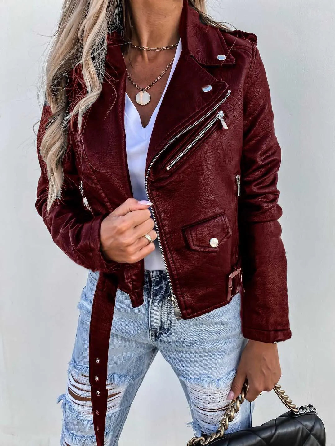 Women's Leather-Look Biker Jacket in Red - front view