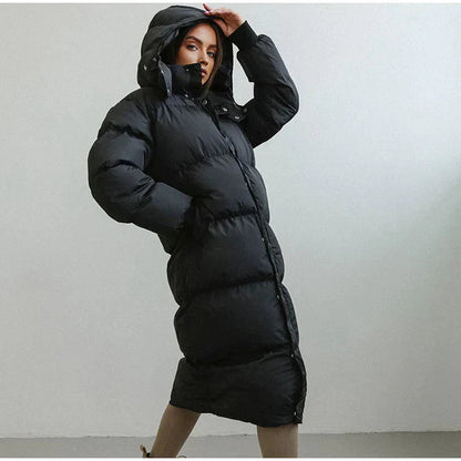 Women's Long Puffer Coat in Black - front view