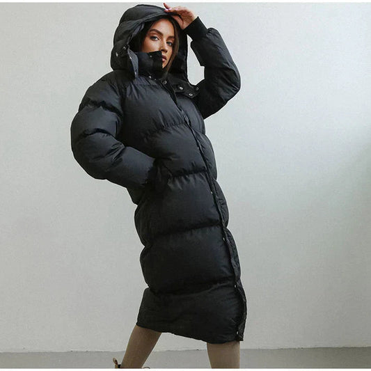 Women's Long Puffer Coat in Black - front view