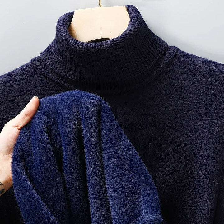 Men's Brushed Knit Turtleneck Sweater in Blue - alternate angle showing fit and fabric detail