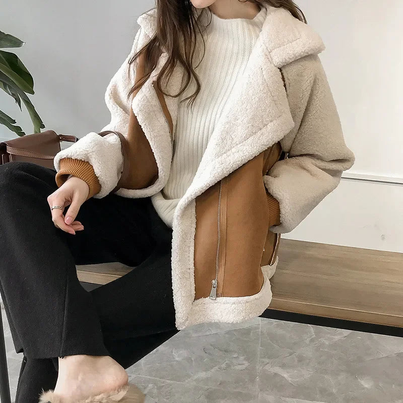 Women's Faux Shearling Jacket in Mocha - alternate angle showing fit and fabric detail