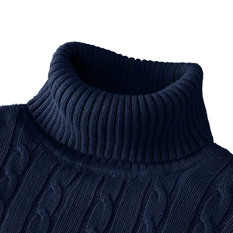 Men's Cable Knit Roll Neck Sweater in White - alternate angle showing fit and fabric detail
