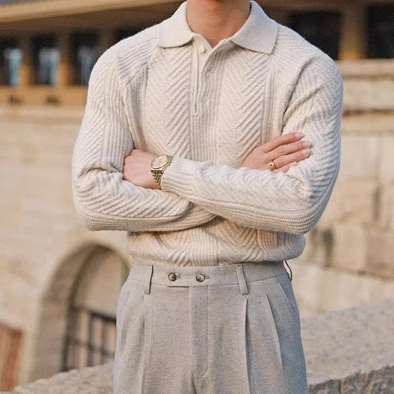 Men's Cable Knit Polo Sweater in Charcoal Slate - alternate angle showing fit and fabric detail