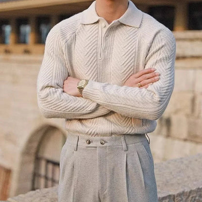 Men's Cable Knit Polo Sweater in Charcoal Slate - alternate angle showing fit and fabric detail