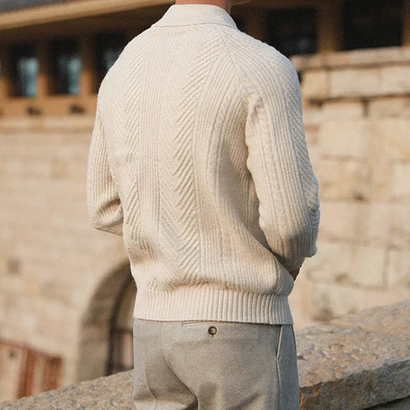 Men's Cable Knit Polo Sweater in Charcoal Slate - alternate angle showing fit and fabric detail