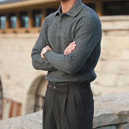 Men's Cable Knit Polo Sweater in Charcoal Slate - alternate angle showing fit and fabric detail