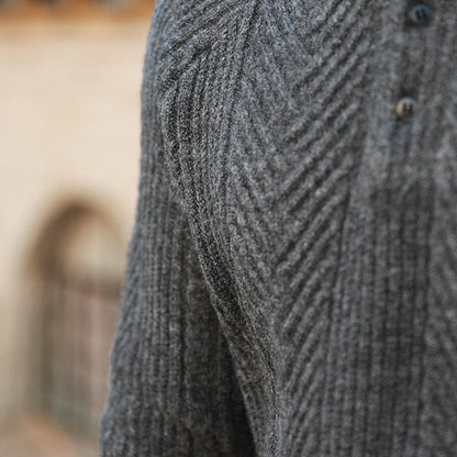 Men's Cable Knit Polo Sweater in Charcoal Slate - alternate angle showing fit and fabric detail
