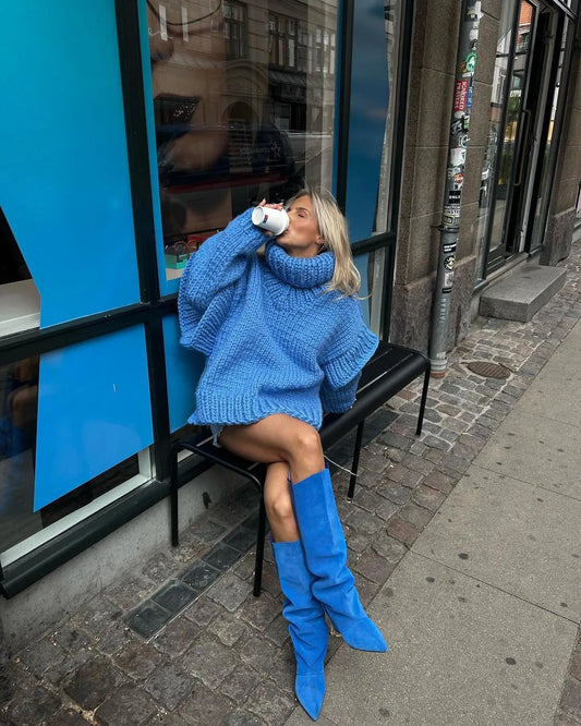 Women's Oversized Chunky Roll Neck Sweater in Blue - front view