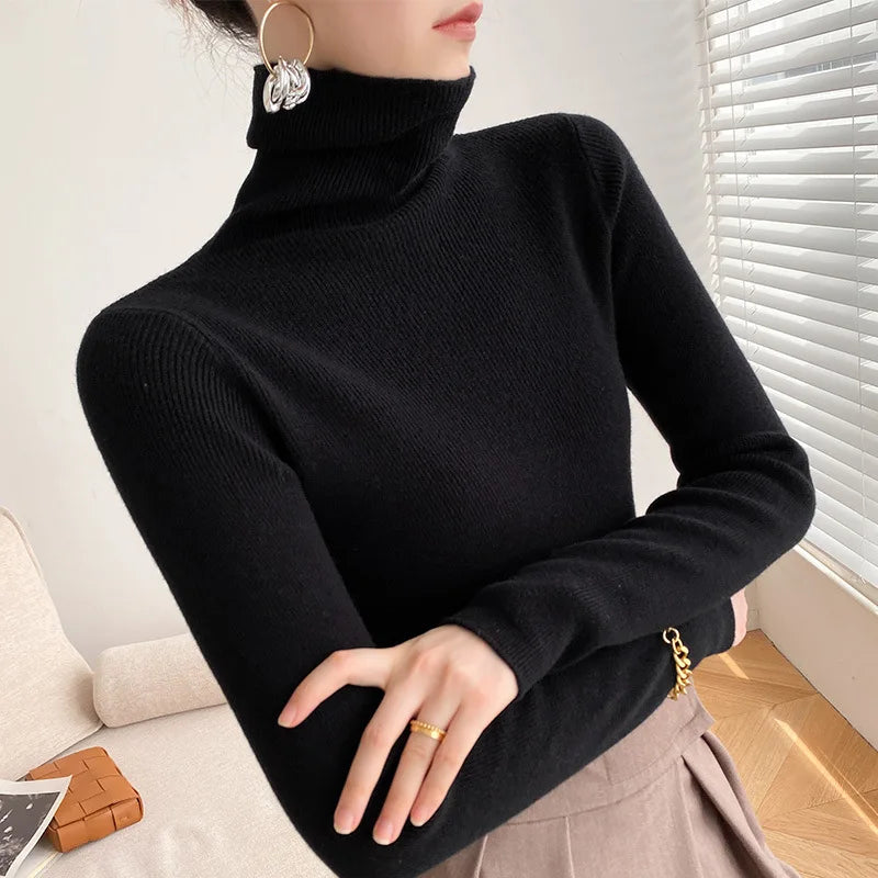 Women's Fitted Turtleneck Sweater in Black - front view
