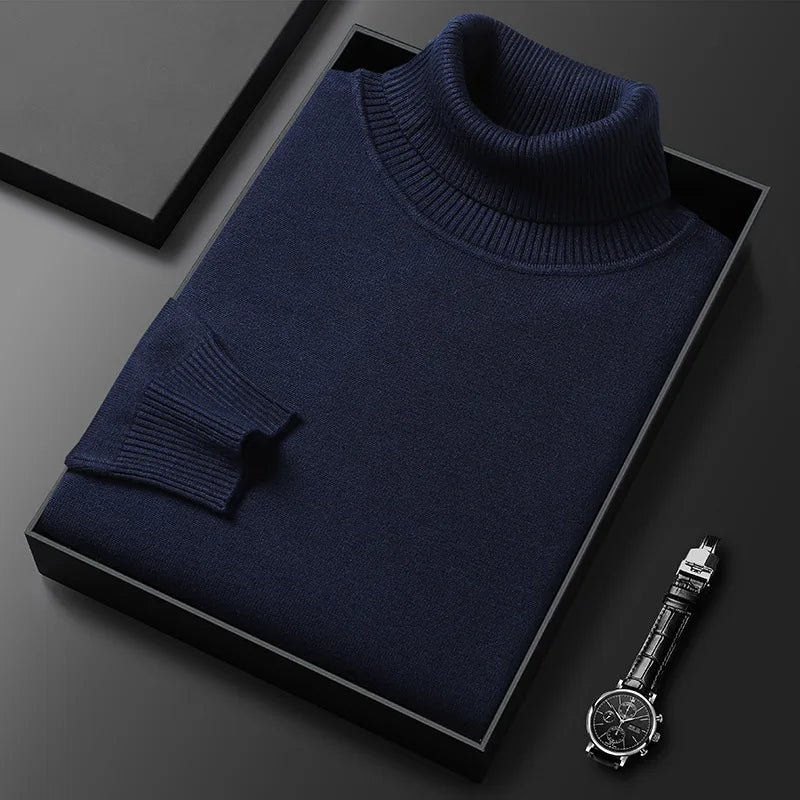 Men's Classic Fold-Over Turtleneck Sweater in Navy - front view
