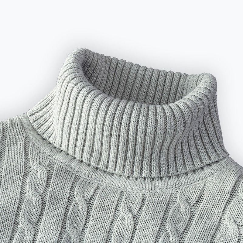 Men's Cable Knit Roll Neck Sweater in White - alternate angle showing fit and fabric detail
