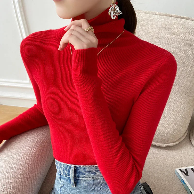 Women's Fitted Turtleneck Sweater in Red - front view