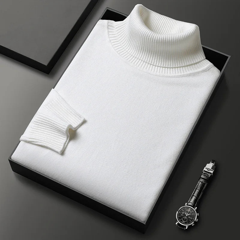 Men's Classic Fold-Over Turtleneck Sweater in White - front view