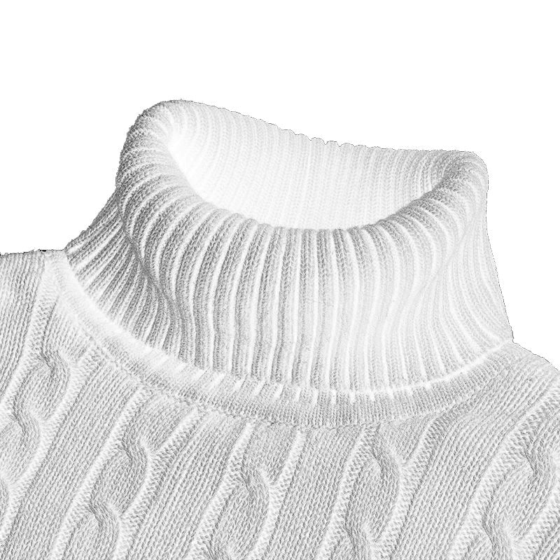 Men's Cable Knit Roll Neck Sweater in White - alternate angle showing fit and fabric detail