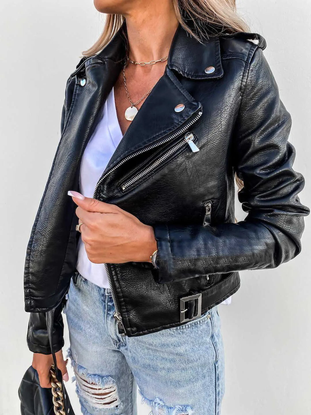 Women's Leather-Look Biker Jacket in Black - front view