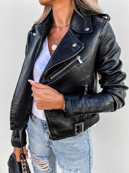 Women's Leather-Look Biker Jacket in Black - front view